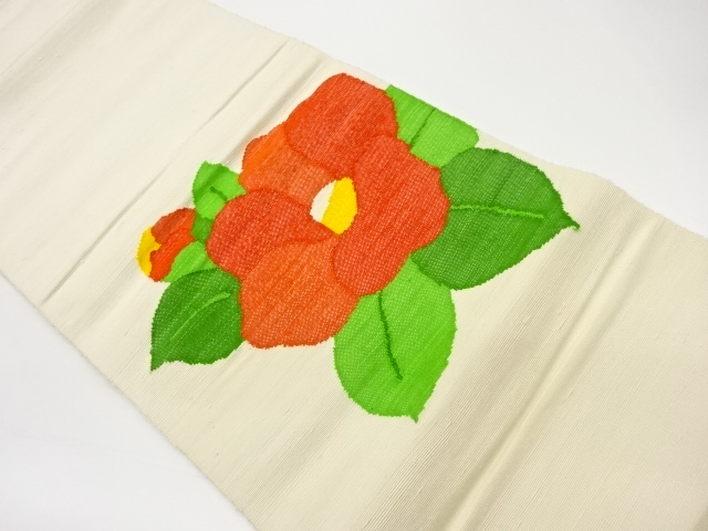 JAPANESE KIMONO / VINTAGE NAGOYA OBI / TSUMUGI / WOVEN CAMELLIA